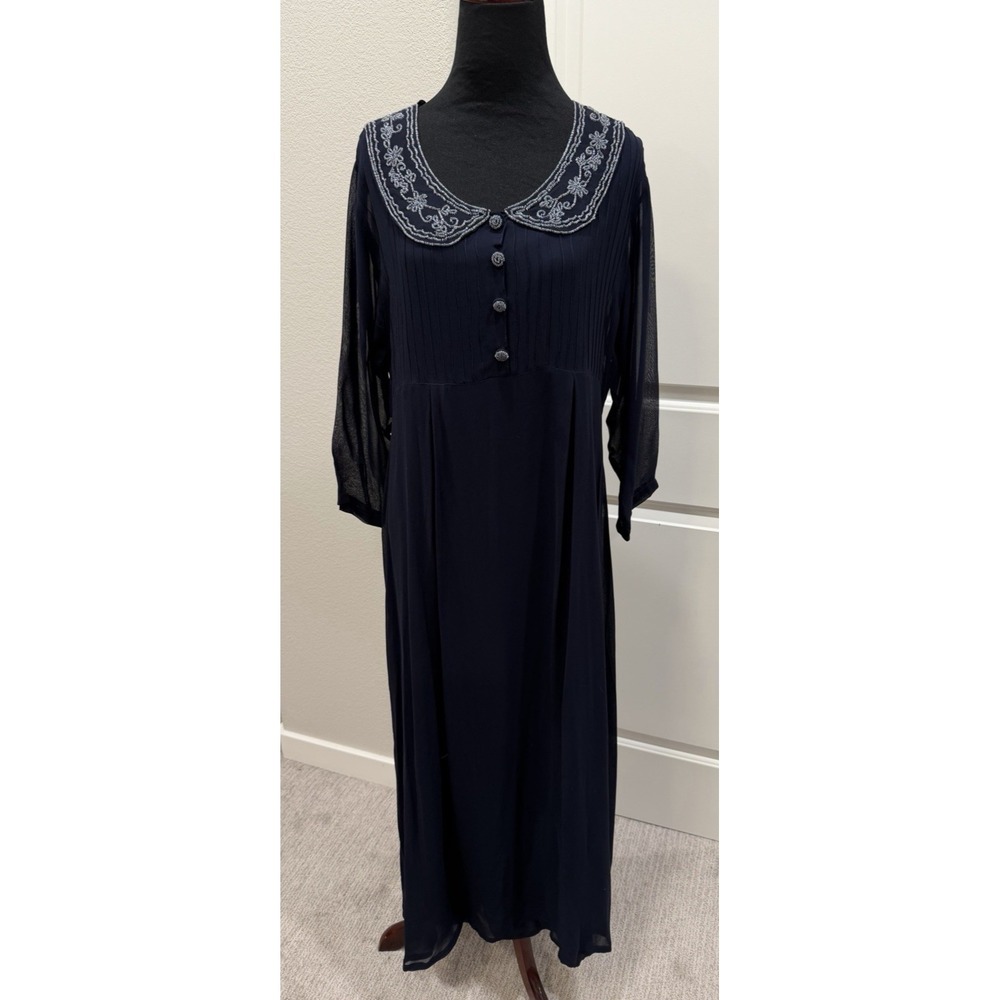 2-piece Vtg APRIL CORNELL Navy Blue Overlay Maxi Dress Beaded S Y2k Party Dress